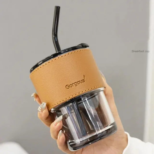 Glass Mug with Straw and Leather Sleeve