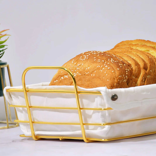 Golden Rectangular Metal Bread Basket With Removeable Liner Inside